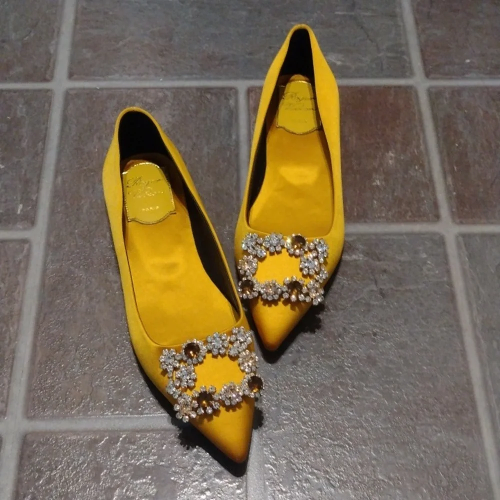 Roger Vivier Flower Strass Crystal embellishment Satin Ginger yellow flat Size35 - Picture 13 of 14